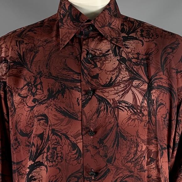 BILLIONAIRE COUTURE Size XL Brown Black Print Silk Button Up Long Sleeve Shirt - Picture 2 of 5